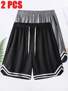 Men’s summer casual athletic pants, two-pack: black-and-white striped cuffs + wide elastic waistband + contrast white drawstring + hidden side pockets; loose fit for unrestricted movement + high elasticity for big movements; suitable for basketball, runni