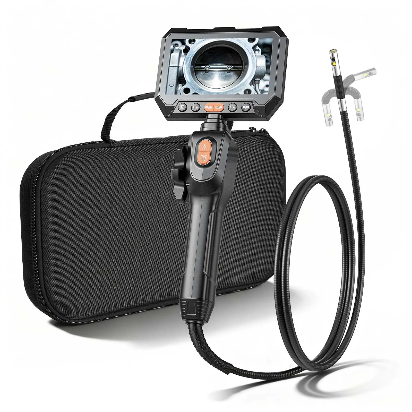 VEVOR 180° Articulating Dual-Lens Endoscope, 1080P HD 5-Inch IPS Split-Screen Industrial Borescope with 6+1 Adjustable LEDs, 0.24-Inch Slim Lens, 4.9FT Rigid Cable, Batteries, Flexible Operation for Car Repair, Engine Inspection, Non-Destructive Testing