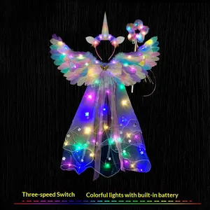 Cos Macaron Colorful Veil Wings Halloween Party Costume Children's Angel Rainbow Feather Wings Props with LED Lights
