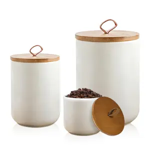 White Ceramic Canisters for Kitchen Counter - 3 Pcs Canisters with Airtight Wooden Lid Sets for the Kitchen, Airtight Food Storage Jars for Flour, Sugar, Coffee, Tea - Small, Medium, Large Sizes