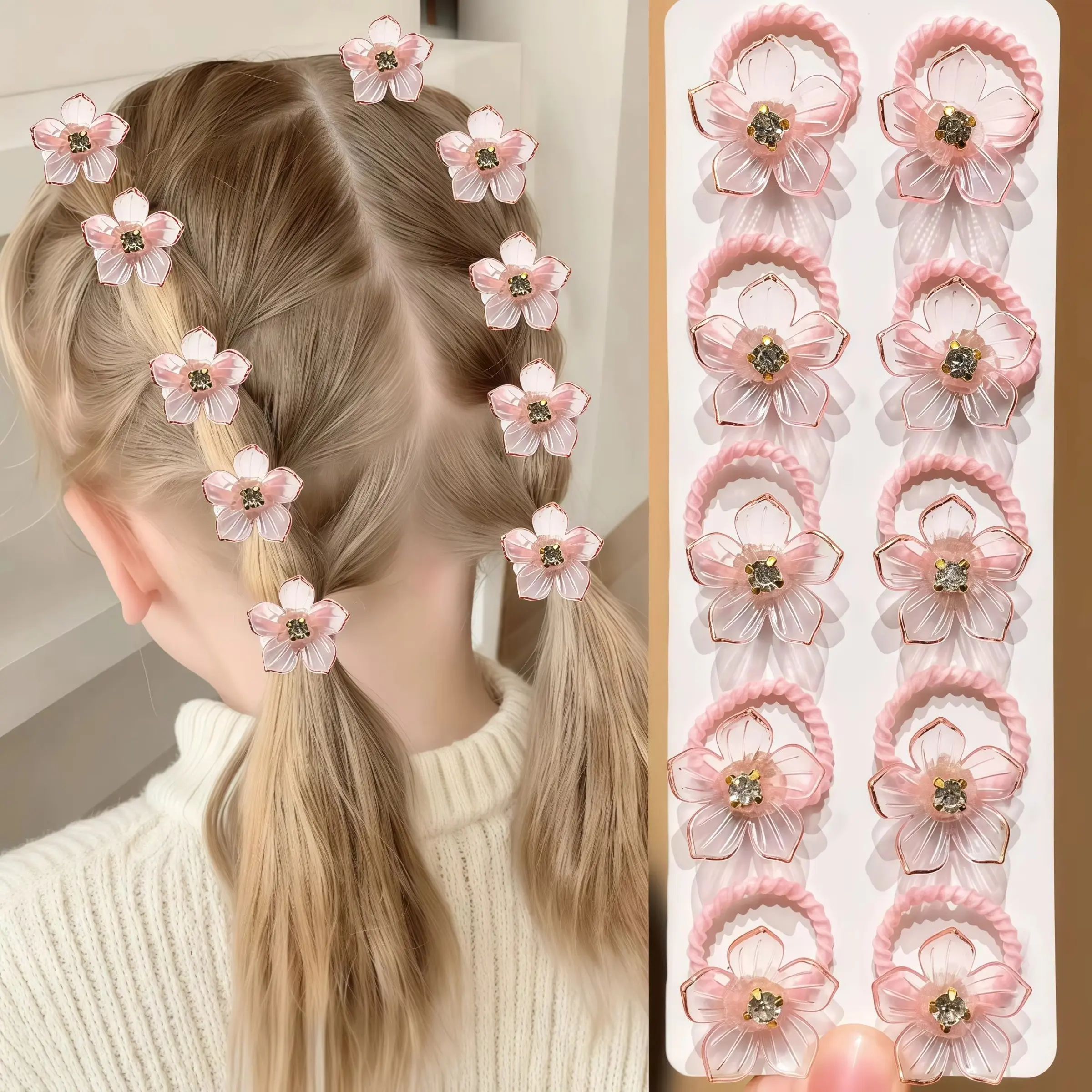 10 Pcs Girls Elastic Hairbands with Rhinestones and Flower Decor, High Stretch Durable, Ideal for Outdoor and Braiding, Flower Hairstyle Accessory