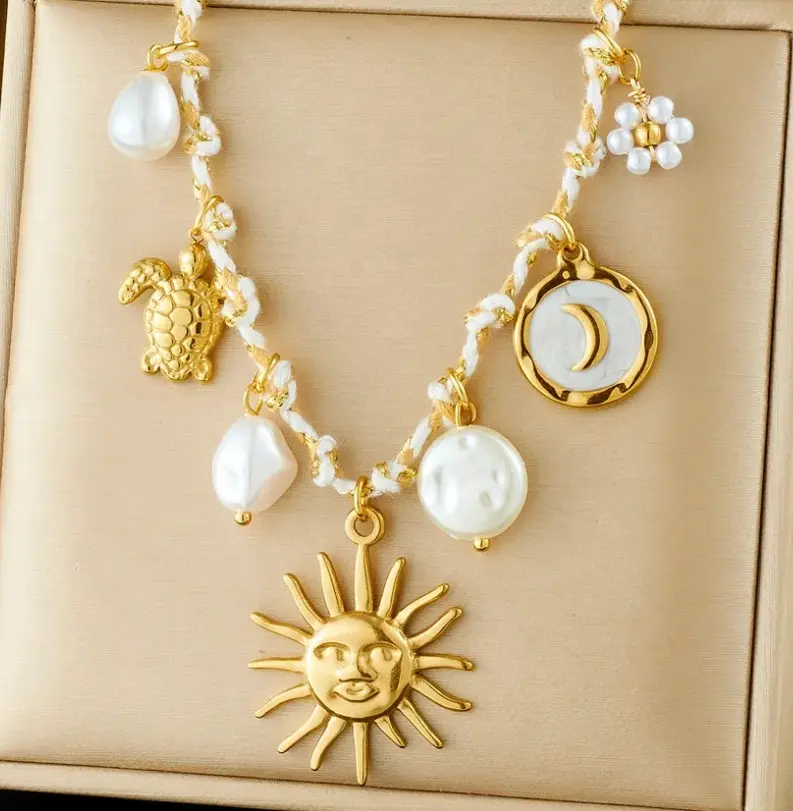 Dainty Boho Coastal Pendant Necklace for Women, Gold Plated Sea Theme Charm on Adjustable Fabric or Chain & Link Cord, Meaningful Gifts