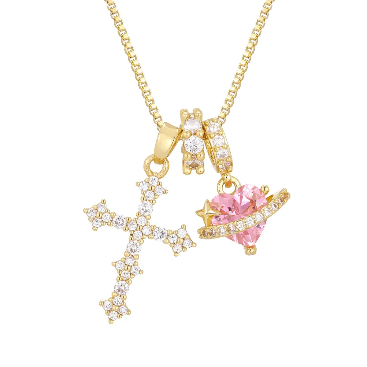 Women's Gold-Plated Celestial Cross & Planet Necklace, Adjustable Brass Box Chain with Pink Cubic Zirconia Crystal Pendant