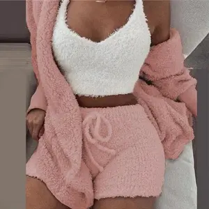 Women's Flannel Velvet Pajamas Set Sexy Crop Top+Shorts+Coat 3 Pieces Suit Sleepwear 2026 New Casual Soft Homewear Pyjamas S-3XL
