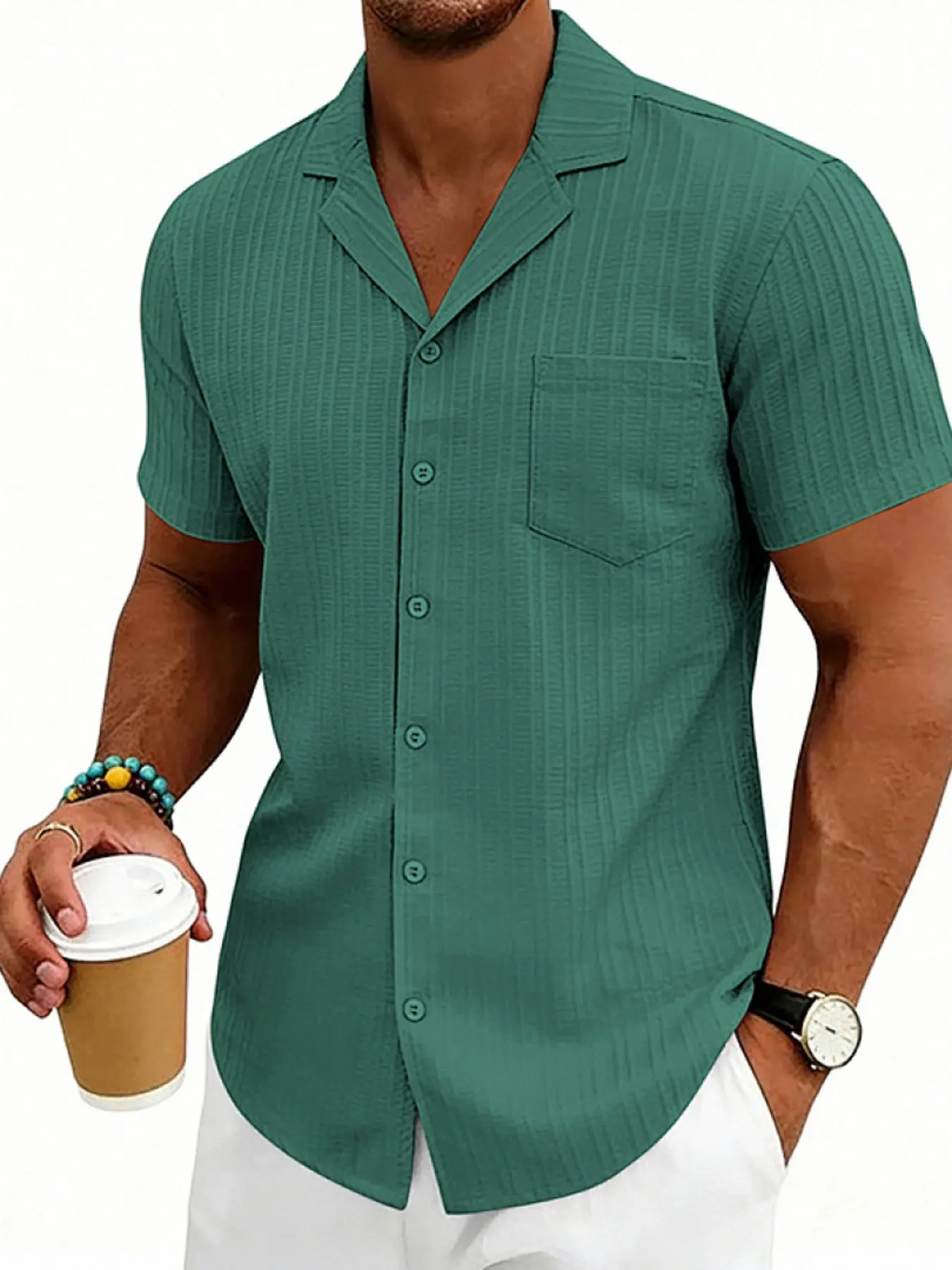 Men's Summer Loose Fit Solid Color Wave Pattern Cuban Collar Casual Simple Short Sleeve Shirt, European and American Style