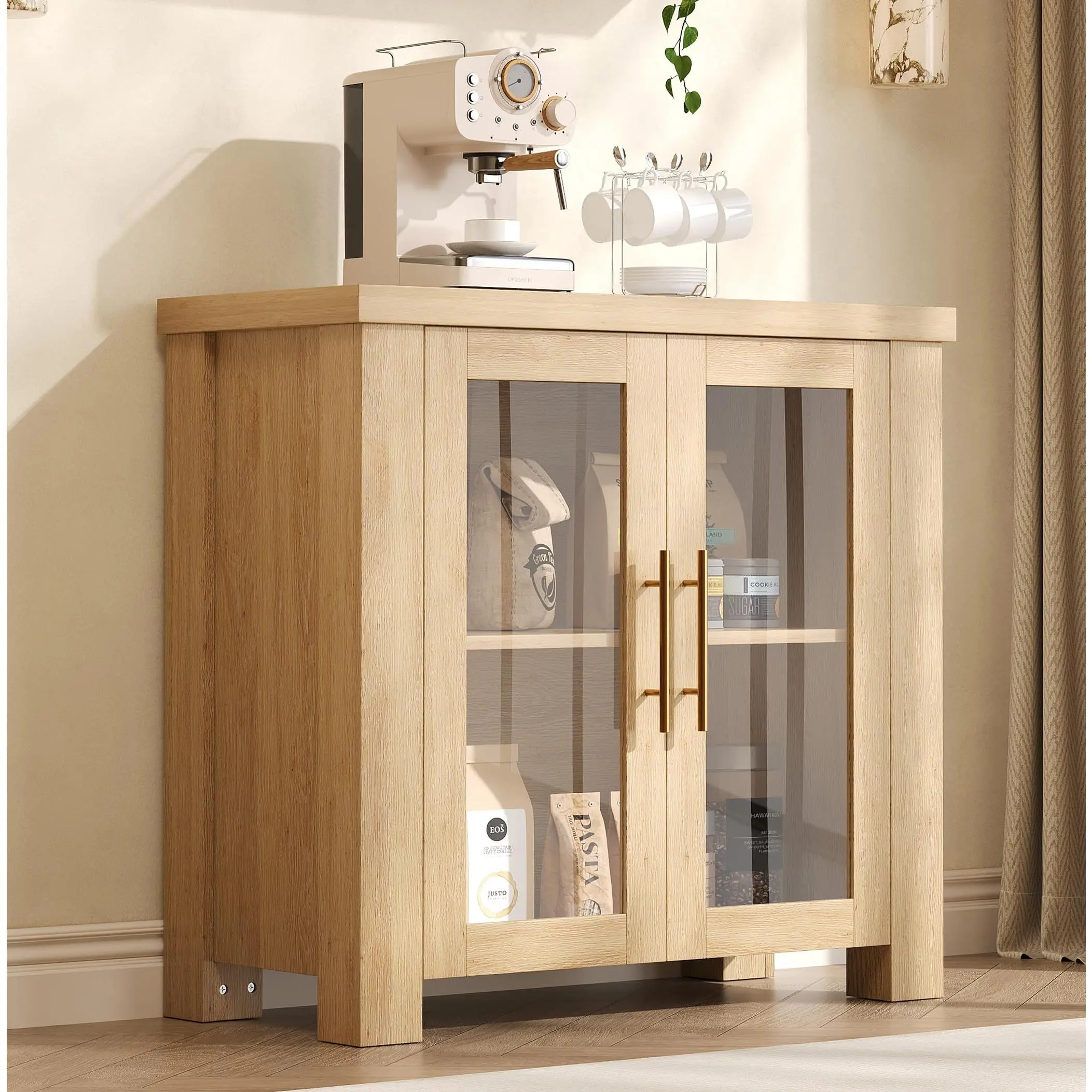 Garvee Buffet Cabinet with Storage, 31.5" Sideboard Credenza with Tempered Glass Doors,  Wood Buffet Table for Living Room, Dining Room, Kitchen, Natural Wood