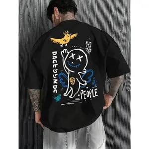 Men's Oversized Streetwear T-Shirt with Winged Graffiti Stick Figure Print - Casual Summer Top Suitable for Daily Wear & Urban Fashion - Graffiti Artist Outfit Essential