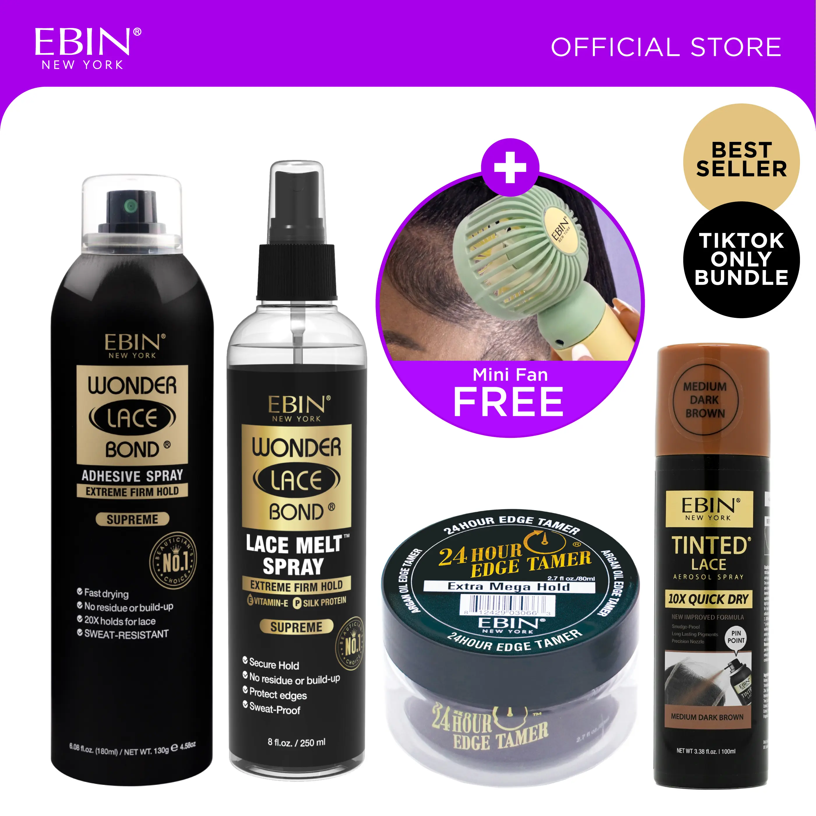 EBIN Wonder Lace Bond CREATOR'S FAVORITE WIG INSTALLATION KIT with Adhesive Spray, Lace Melting Spray, Edge Tamer Mega Hold, 10X Quick Dry Tinted Lace Spray + FREE Mini Fan