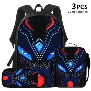 3PCS Cyber Mecha Face Print Backpack Set for Teens, Water Resistant School Bag + Lunch Box + Pencil Case, Lightweight, Fits 15-inch Laptop, Breathable Straps, Blue & Red Futuristic Design