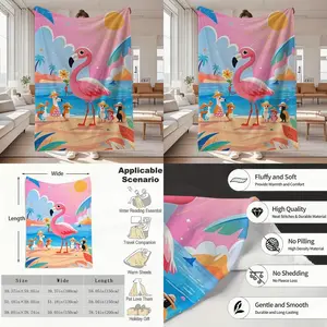 Plush Toy and Blanket Combo: Cozy Beach Flair Flannel Flamingo Animal Themes Gentle Texture hine Washable Compact Design Pink Collection Focus Playful Cartoon Art Ideal for Nap Time Picnics Travel Beach Relaxation or Home Accent Flat NonCharging
