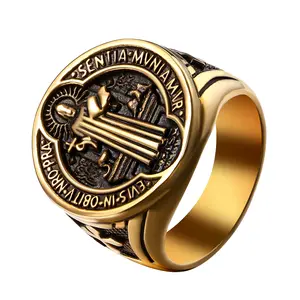 OIDEA Men's Gold-Tone Stainless Steel Engraved Seal Faith Ring - Scratch-Proof Metal Coating, Catholic Saint Benedict Cross Motif, Exorcism Religious Amulet, Multi-Size Fashion Jewelry Gift, Faith Rings summerwins,summerwins