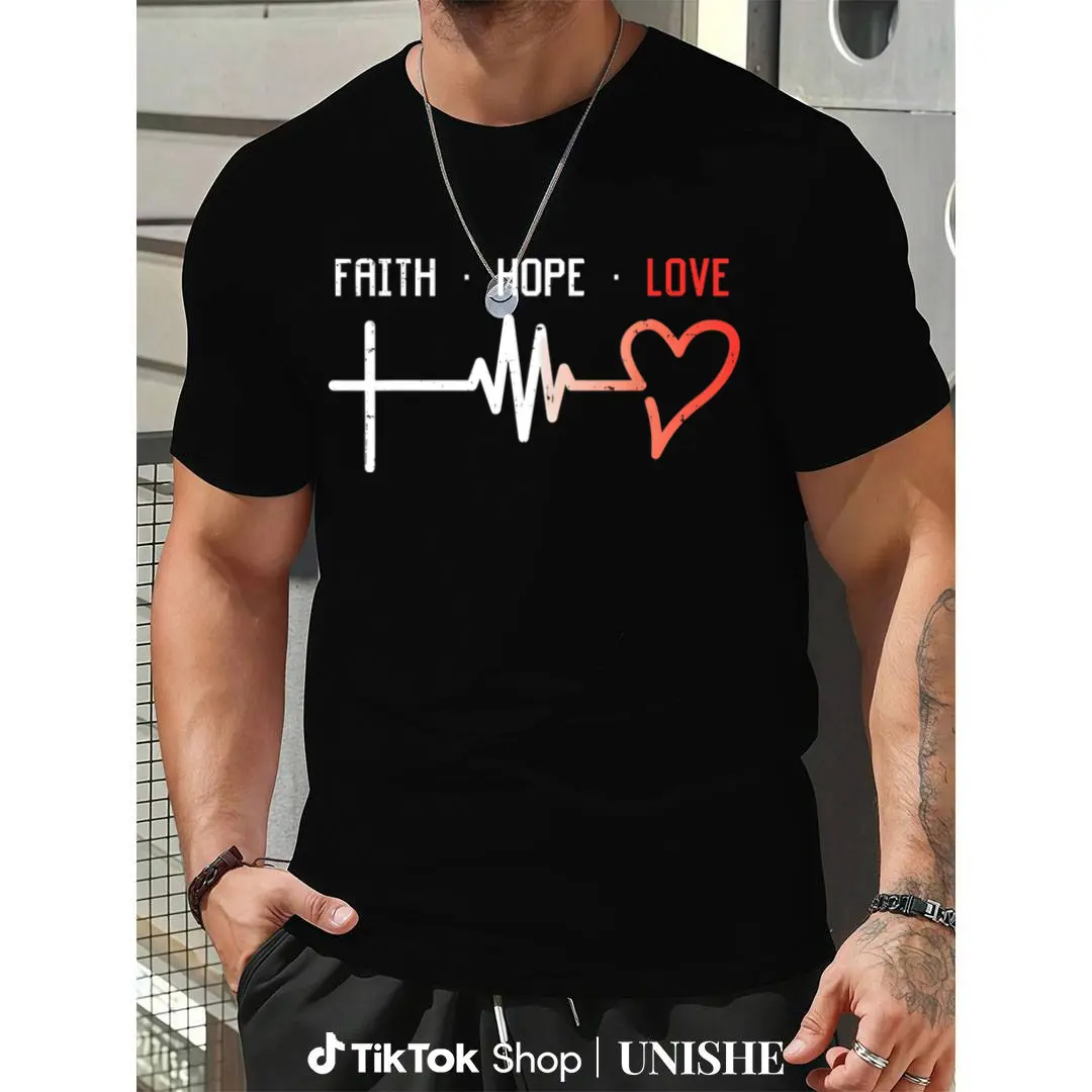 100% Cotton Tee Themed On Jesus And Faith, Printed With Cross And Heartbeat Patterns Representing God, Faith, Hope And Love. Ideal For Daily Wear, Holidays And Gifting For Christians.Round Neck Casual Streetwear, Holiday Shirt, Unisex Fit, Practical Desig