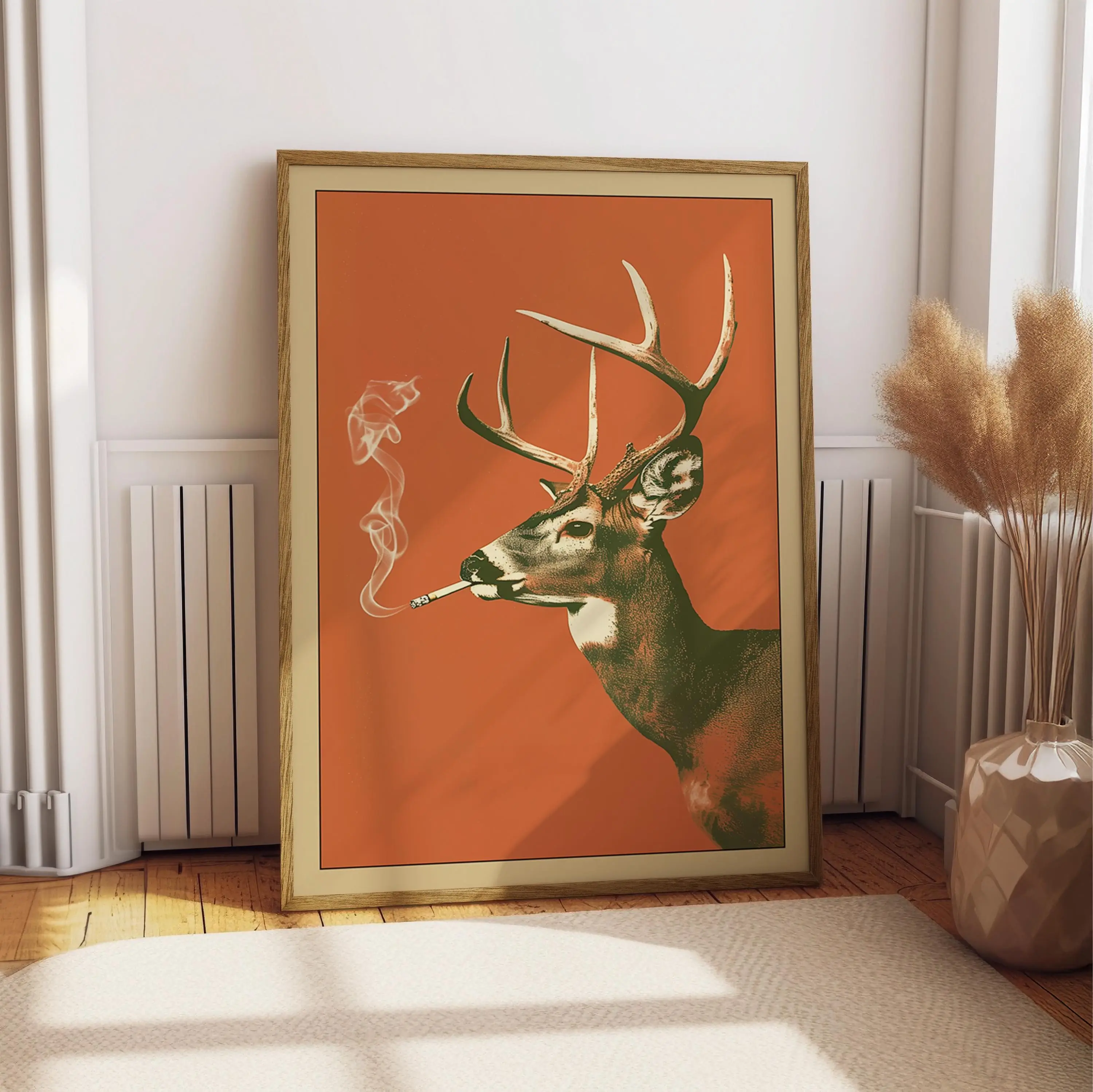 Funny Buck Smoking a Cigarette Vintage Poster Whitetail Deer Canvas Wall Art Whimsical Prints Cabin Wall Decor Outdoor Sports Hunter Gift for Dad for Bedroom Room Living