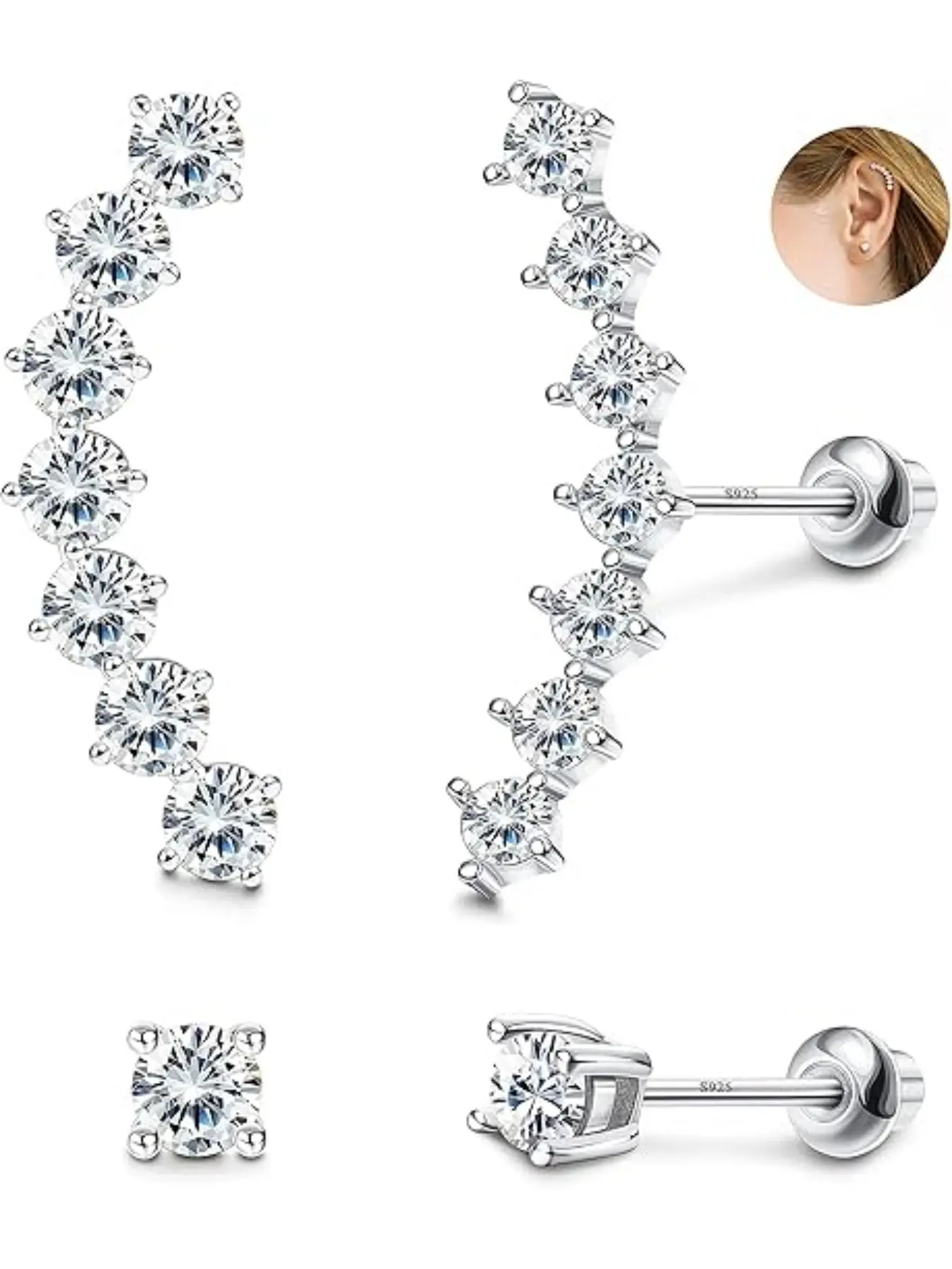 2 Pairs CZ Cubic Zirconia Cartilage Stud Earrings Set for Women White Gold Plated Climber Helix Conch Daith Piercing with Screw Back (Silver)