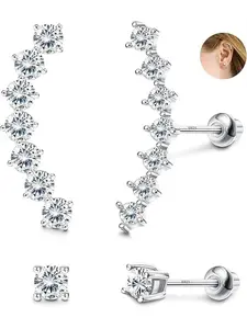 2 Pairs CZ Cubic Zirconia Cartilage Stud Earrings Set for Women White Gold Plated Climber Helix Conch Daith Piercing with Screw Back (Silver)
