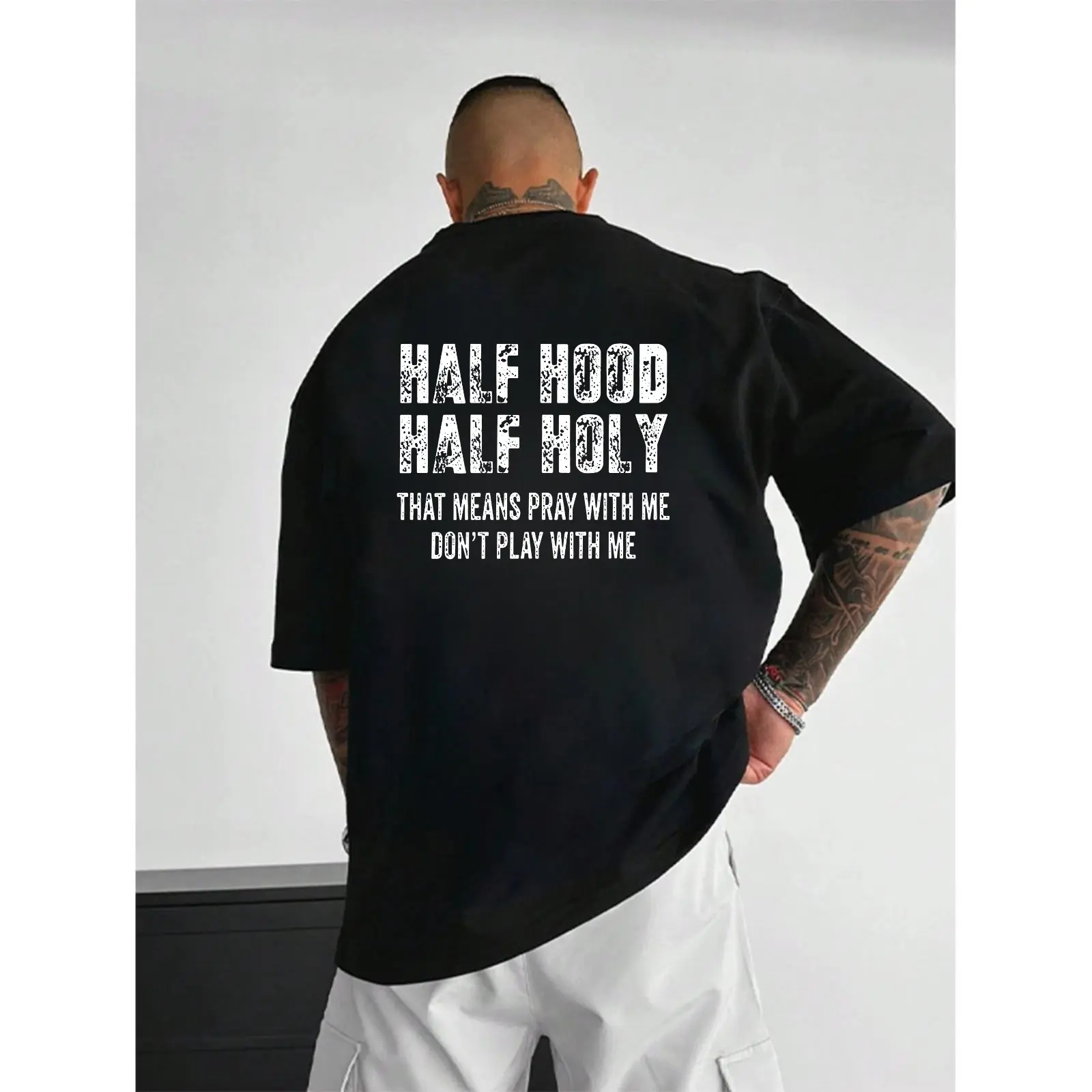Half Hood Half Holy Pray Pullover Hoodie - "With Me Don't Play With Me" Graphic, Casual Street Style Sports Top, Unisex Sweatshirt Clothes, Perfect Gifts for Boyfriend