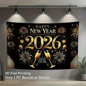 2D Flat, 1pc Elegant Black & Golden Happy New Year 2026 Banner - Large Number 2026 Central Decoration with Golden Balloons & Colorful Paper Design, Durable Polyester, No Electricity Needed for