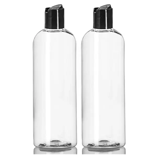 16 oz Clear Plastic Empty Bottles with Black Disc Top Caps, Squeezable Refillable Containers for Shampoo, Lotions, Cream and more Pack of 2, BPA Free, Made in USA
