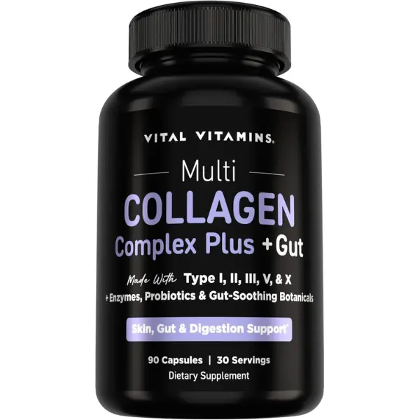 Vital Vitamins Multi Collagen Complex Plus + Gut - 5-Type Collagen with Enzymes, Probiotics & Gut Botanicals for Skin, Hair, Nails & Digestion Support - 90 Capsules