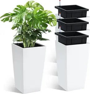 16" Tall Planters Set of 4, Outdoor＆Indoor Black Planter Pots, High Front Porch Planter Pots with Drainage Holes＆Water Level Monitor＆Inner Bucket
