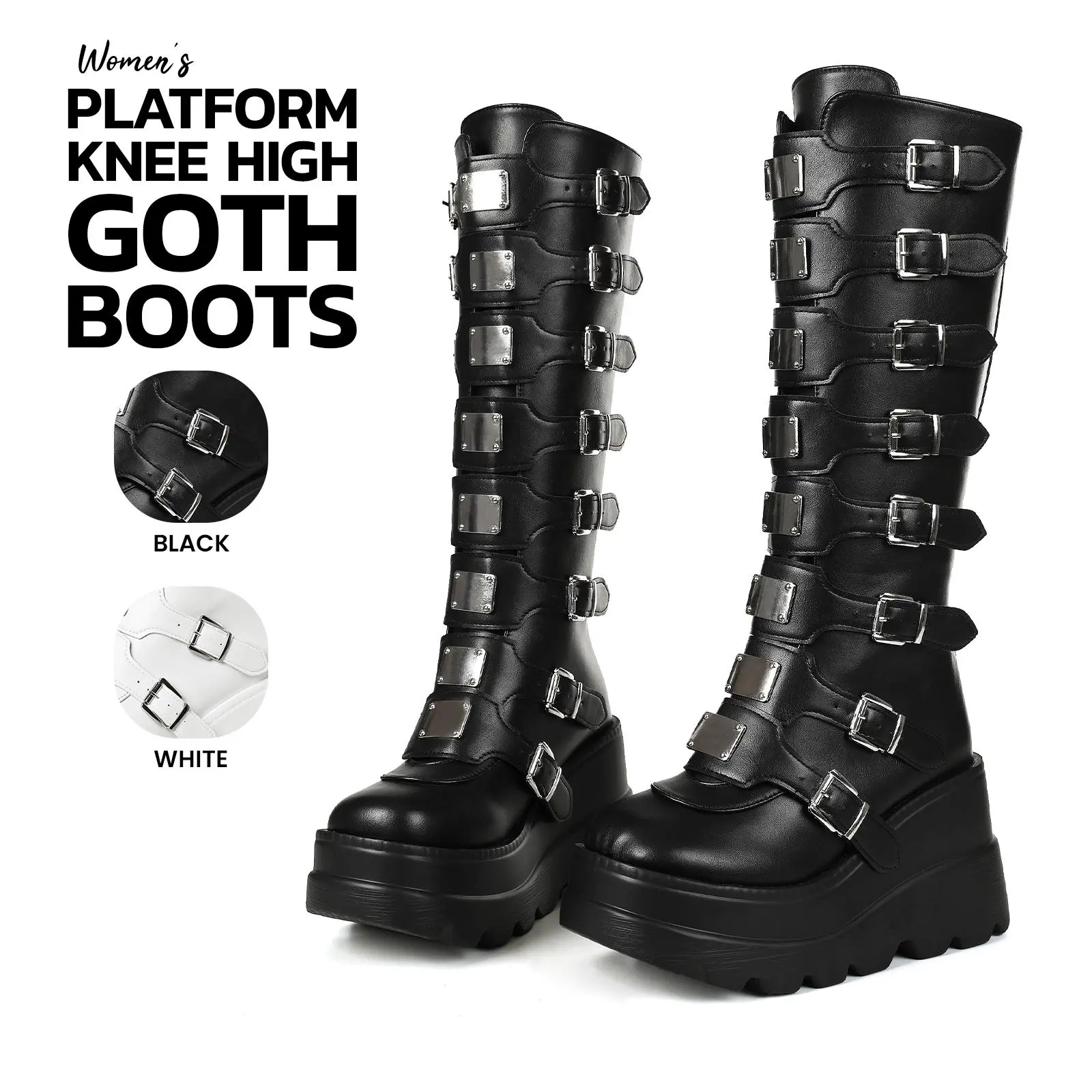 VIMISAOI Womens Platform Boots Goth Round Toe Wedge Heel Back Zipper Buckles Cosplay Punk Trendy Comfortable Concert Motorcycle Street Style Casual Outings Date Travel  Knee High Combat Booties