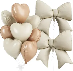 **Cream Heart & Bow Balloon Set – Beige Heart Balloons with Large Helium Bow Balloon | Romantic Birthday & Valentine Party Decorations**
