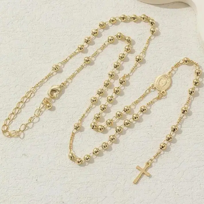 Santa Muerte Rosary Necklace, Gold-Plated Stainless Steel 24-Inch Chain, Hypoallergenic Unisex Jewelry for Daily Wear, Metal Coating, Cross Necklaces, Faith Necklace