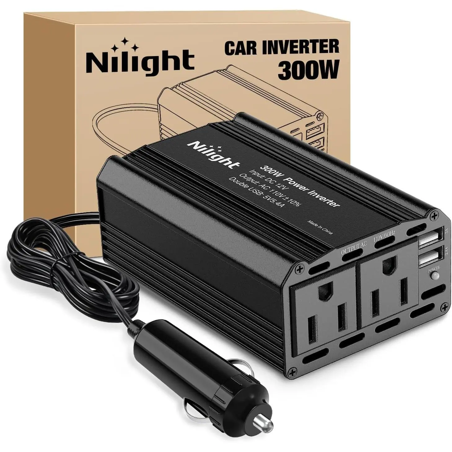 Nilight 300W 12V DC to 110V AC Smart Charge Car Power Inverter, High Speed Charger with 5.4A Dual USB Ports, 2 AC Outlets for Phones, Laptops