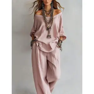 2026 New Summer Casual Set with Loose Linen Three-Quarter Sleeve Top And Wide-Leg Pants in European And American Style, Two-Piece Outfit Inspired by Old Money Fashion