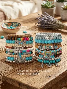 20pcs/ Set Bohemia Stretch Bracelet Set, Boho Style Bracelet, Adjustable Bracelet, Wooden Beaded Bracelets for Men Women, Punk Bracelet Wood Bangles Wristbands, Meaningful Jewelry Set Gift