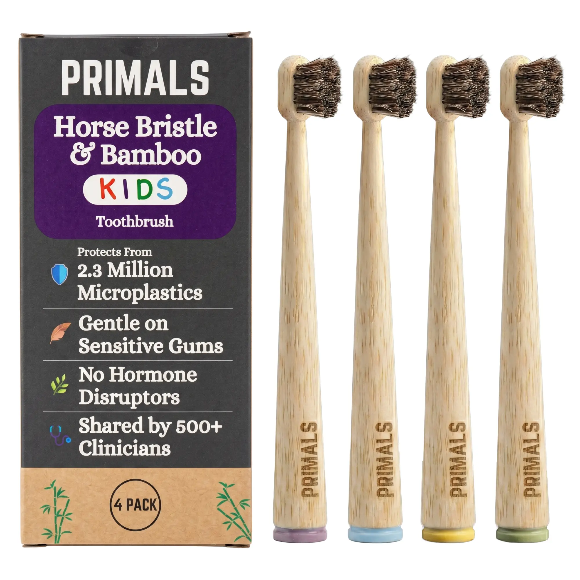 PRIMALS Kids Horse Bristle & Bamboo Toothbrush (4-Pack) - Approved by 500+ Clinicians - 100% Soft & Luxurious Bristles - Plastic & Nylon Free - Protects from Microplastics