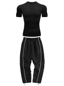 Men's Athletic 2 Piece Set, Tracksuit Sets, for All Seasons, Gym Workout Fitness Running Sportswear Set, Short Sleeve Compression Shirt Tight Fit T-Shirt + Drawstring Elastic Waist Pants, Sporty Casual Sweatpants with Side Stripe, Fitness Clothes