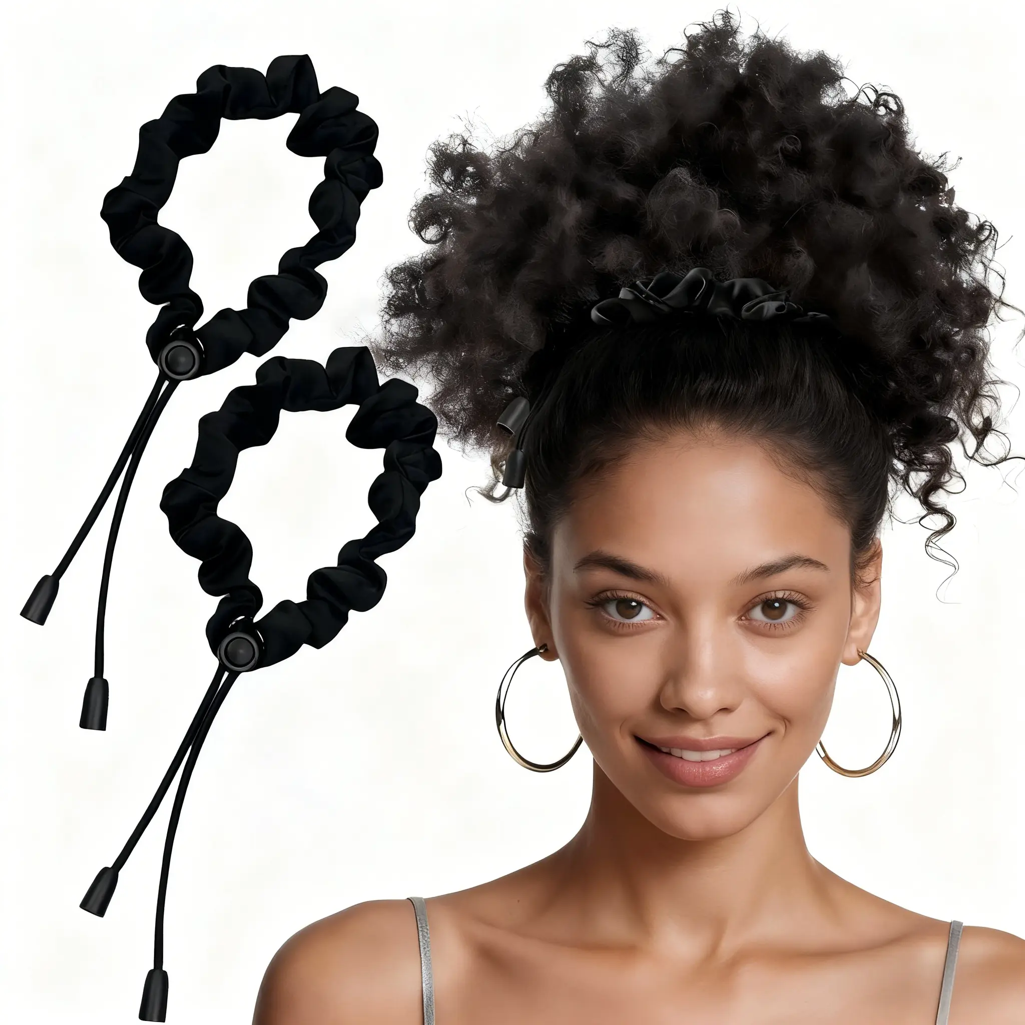 2 Pcs Adjust Satin Hair Tie, Satin Scrunchies for Women Girls, Adjustable Hair Ties for 4c Girlie Thick Curly Natural Hair, No Damage Hair Accessories for Afro Puff Loc Ponytails