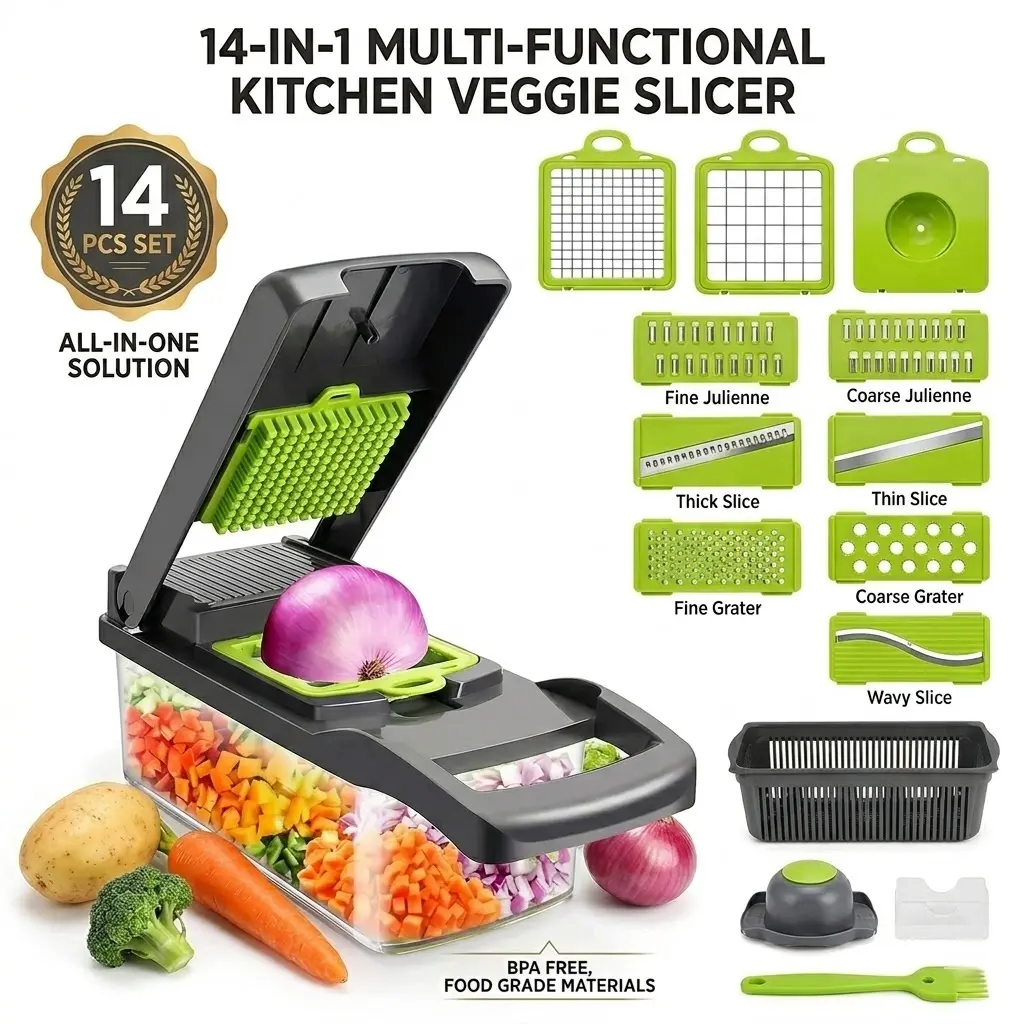 14-in-1 BPA-Free Plastic Vegetable Chopper - Stainless Steel Mandoline Slicer, Dicer & Grater with Basket, Hand Guard, 8 Interchangeable Blades & Container for Onion, Potato - Kitchen Utensils Gadget