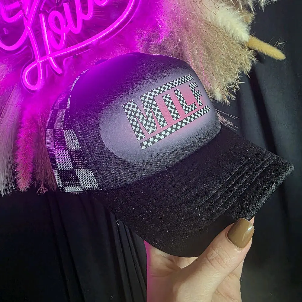 MILF Checkered Hat - Stylish Black Baseball Cap with Checkered Design and Pink Lettering