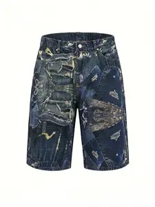 3D Illusion Patchwork Ripped Denim Shorts, All-Over DTG Digital Print, Elastic Non-Fading print, Vintage Loose Fit, Streetwear, Summer Festival Wear