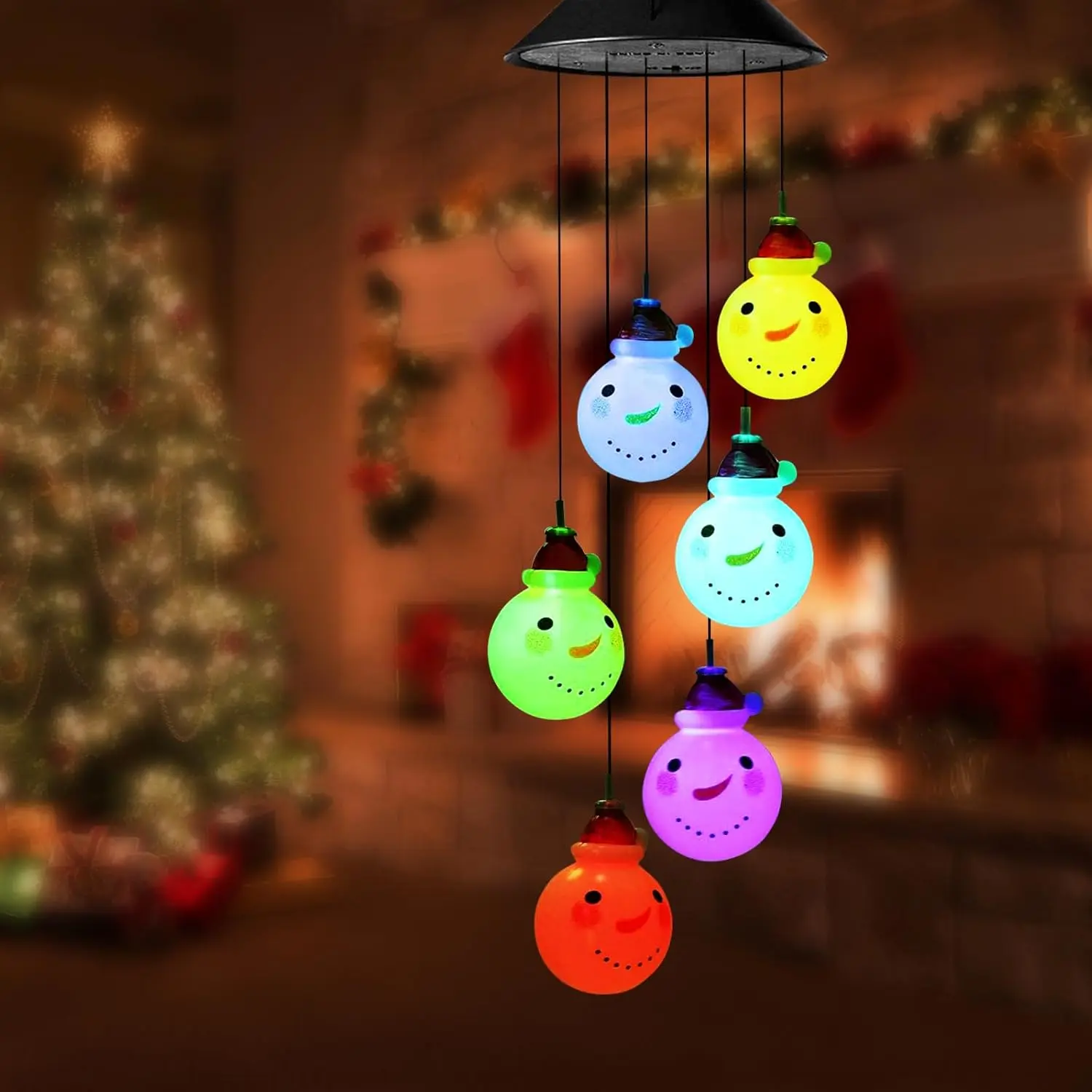 Christmas Snowman Head Wind Chime Lights Set, 6 LED Color Changing Bulbs with 6 Snowman Heads, Indoor Outdoor Holiday Decorations