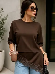 Asymmetric Lace Hem T-Shirts Women's T-Shirt Spring Summer 2026 Y2K Beige Black Tee Casual Oversized Patchwork O-Neck Short Sleeve Tops Fashion Romantic Korean Style T-Shirts