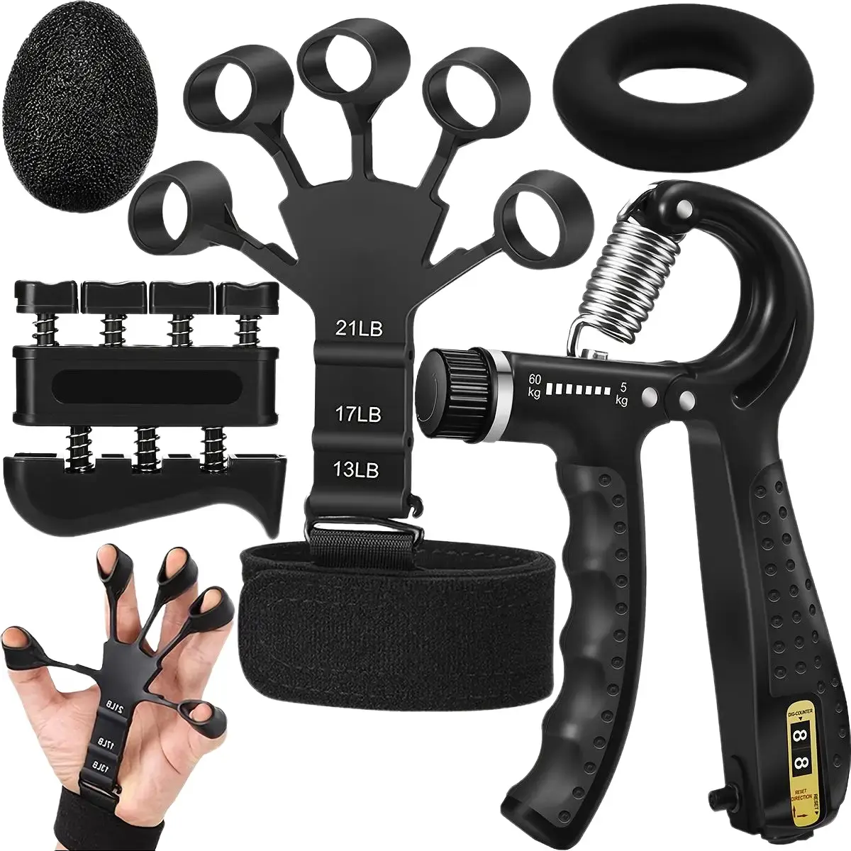 BTFSOUL Unisex Adjustable 5-in-1 Silicone Strength Trainer Kit - Finger Exerciser, Hand Grip Tool, Extension Exerciser, Stress Relief Ball, Forearm Ring for Carpal Tunnel, Tennis Elbow, Seniors