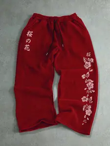Men's Fall Winter Floral Print Casual Pants, Drawstring Straight Leg Long Pants, Outdoor Sports Pants, Fitted Natural Waist