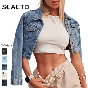 Scacto Summer Cropped Denim Jacket Women's Button Down Long Sleeve  Jacket with Pockets Fashionable Collared Neckline Spring Summer Casual Outerwear Womenswear Coats Asymmetrical Denim Jacket