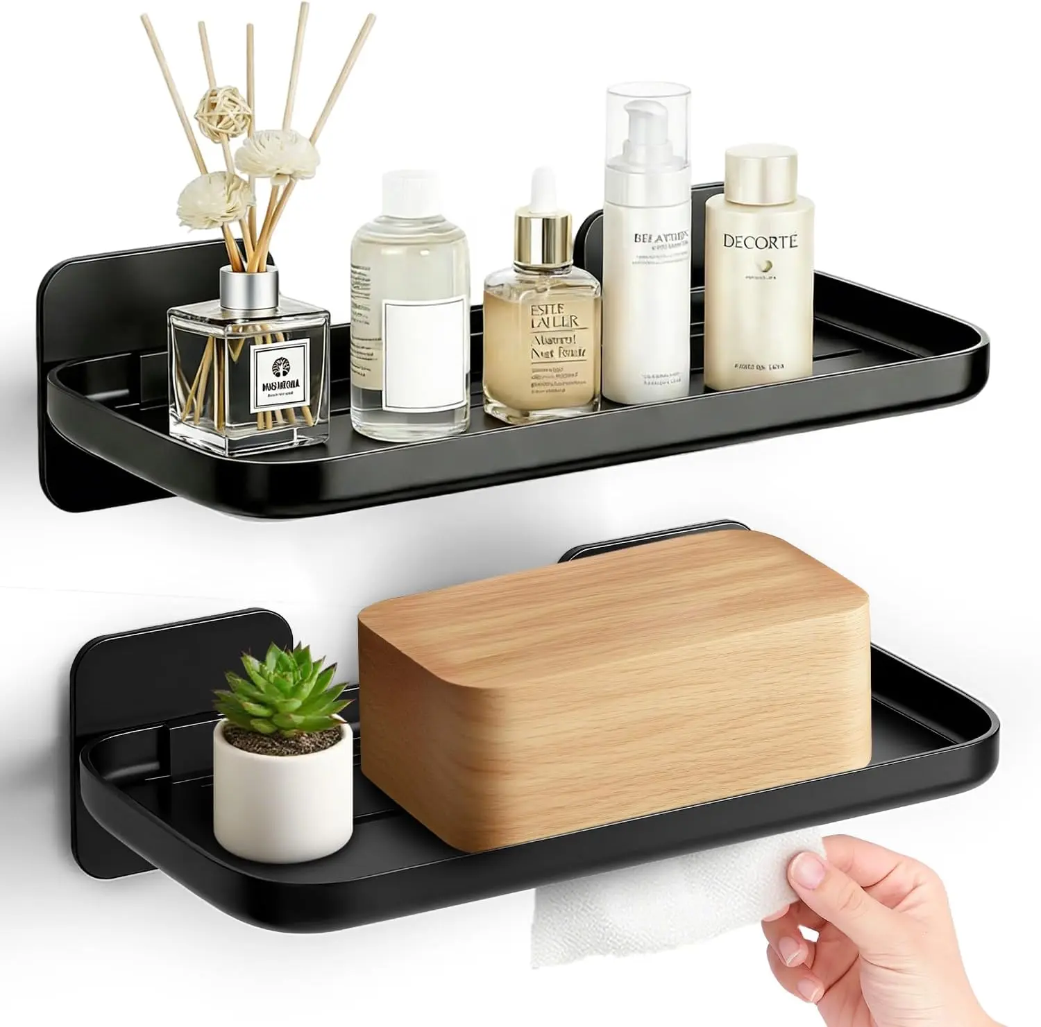 2 Pack Adhesive Floating Shelves No Drill Small Floating Shelf for Wall Storage Damage-Free Wall Mounted Organizer for Bathroom, Kitchen, Bedroom & Office