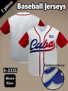 Cuba Retro Baseball Jersey, Gradient Font Embroidery Design, Comfortable Breathable Sportswear, Casual Outdoor Sports, Streetwear Hip Hop Style