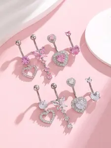 Cute Heart & Butterfly Design Belly Rings, Belly Button Piercing, Rhinestone Decor Belly Piercing Jewelry, Body Piercing Jewelry for Women, Fashion Accessories for Daily Wear