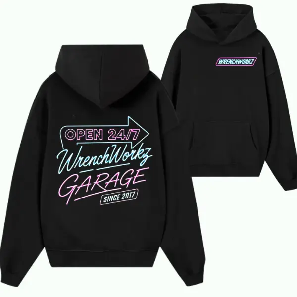 Wrench Workz Garage Open 24/7 Hoodie – Black Neon Automotive Graphic Pullover, Mechanic & Custom Truck Lifestyle Apparel