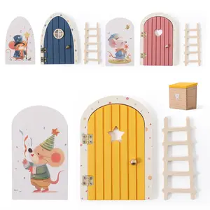 Mini Cute Wooden Door Set with Ladder, Miniature Furniture, Unisex DIY Assembly Toy, Create Your Own Fairy Tale World, No Batteries Required