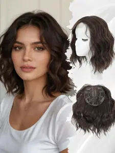 12 Inch Short Wavy Hair Topper with Curtain Bangs, Clip-In Synthetic Hairpiece for Women, Instant Volume & Daily Wear, Synthetic Wigs