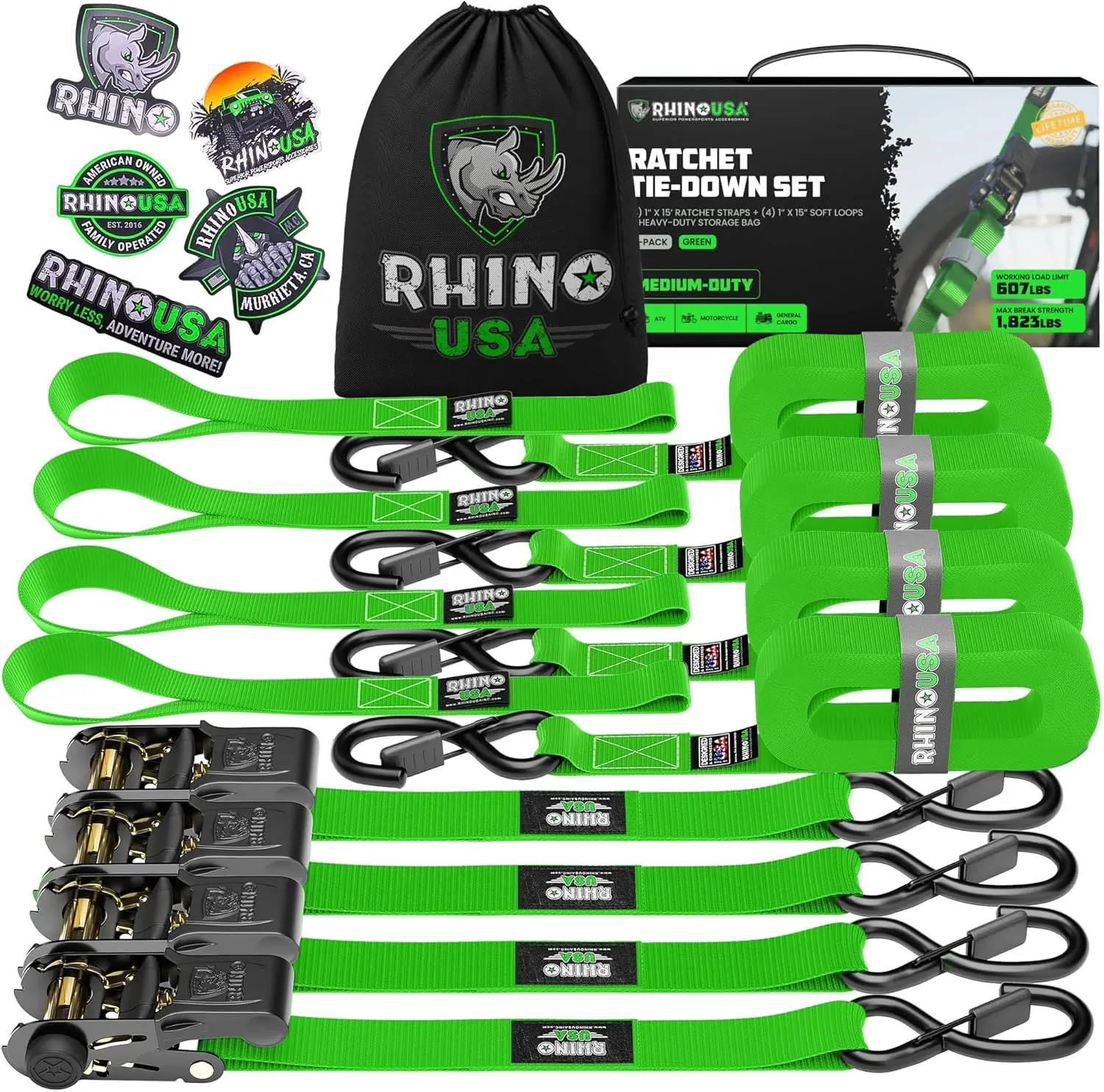 USA Ratchet Tie Down Straps (4PK) - Includes (4) Premium 1" x 15' Rachet Tie Downs with Padded Handles for Moving