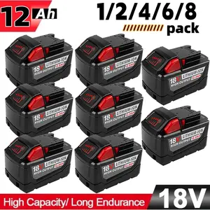 18V 12000mAh battery suitable for Milwaukee M-18, modelsincluding 12.0Ah 48-11-1850,48-11-1840,48-11-1815,48-11-1820,48-11-1852,48-11-1828,and 48-11-1822,cordlesspower tool with LED indicator light.