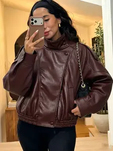 Women's Faux Leather Motorcycle Jacket, Spring Mid-Season Asymmetric Zip Streetwear Outerwear, Black and Brown Long-Sleeve Jacket